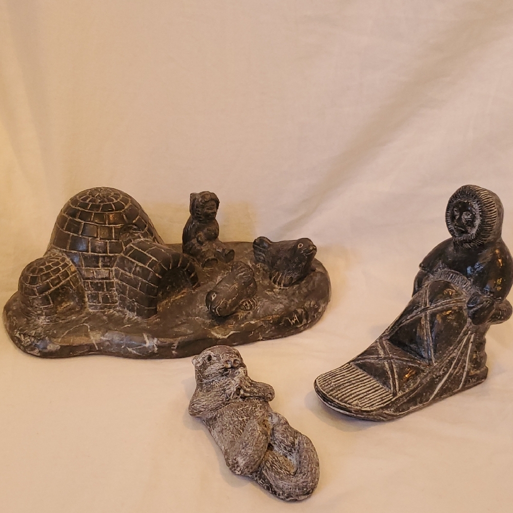 Wolf Original Carved Soapstone Set of 3 Igloo Eskimo on Sleigh Swimming Seal